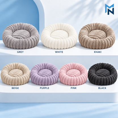 Ribbed plush round pet bed color and size variant overview