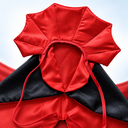Detail view of the Red Vampire Pet Cape collar and fabric