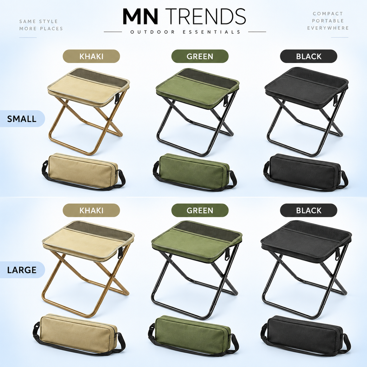 Foldable camping stool and shoulder bag, all size and color variants overview