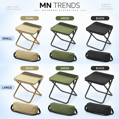 Foldable camping stool and shoulder bag, all size and color variants overview