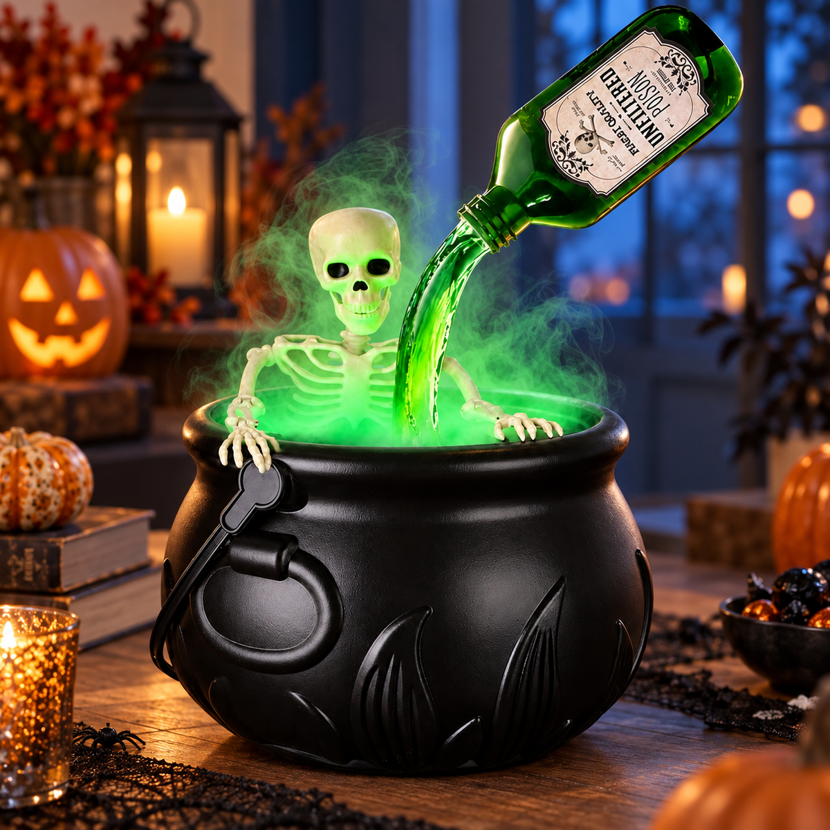 Close-up detail of the skeleton figure and glowing mist on the Halloween cauldron