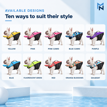 Reflective handle dog life jacket design and size variant overview