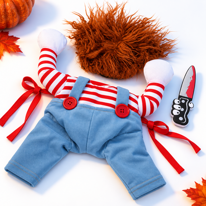 Red-stripe doll pet costume, detail view