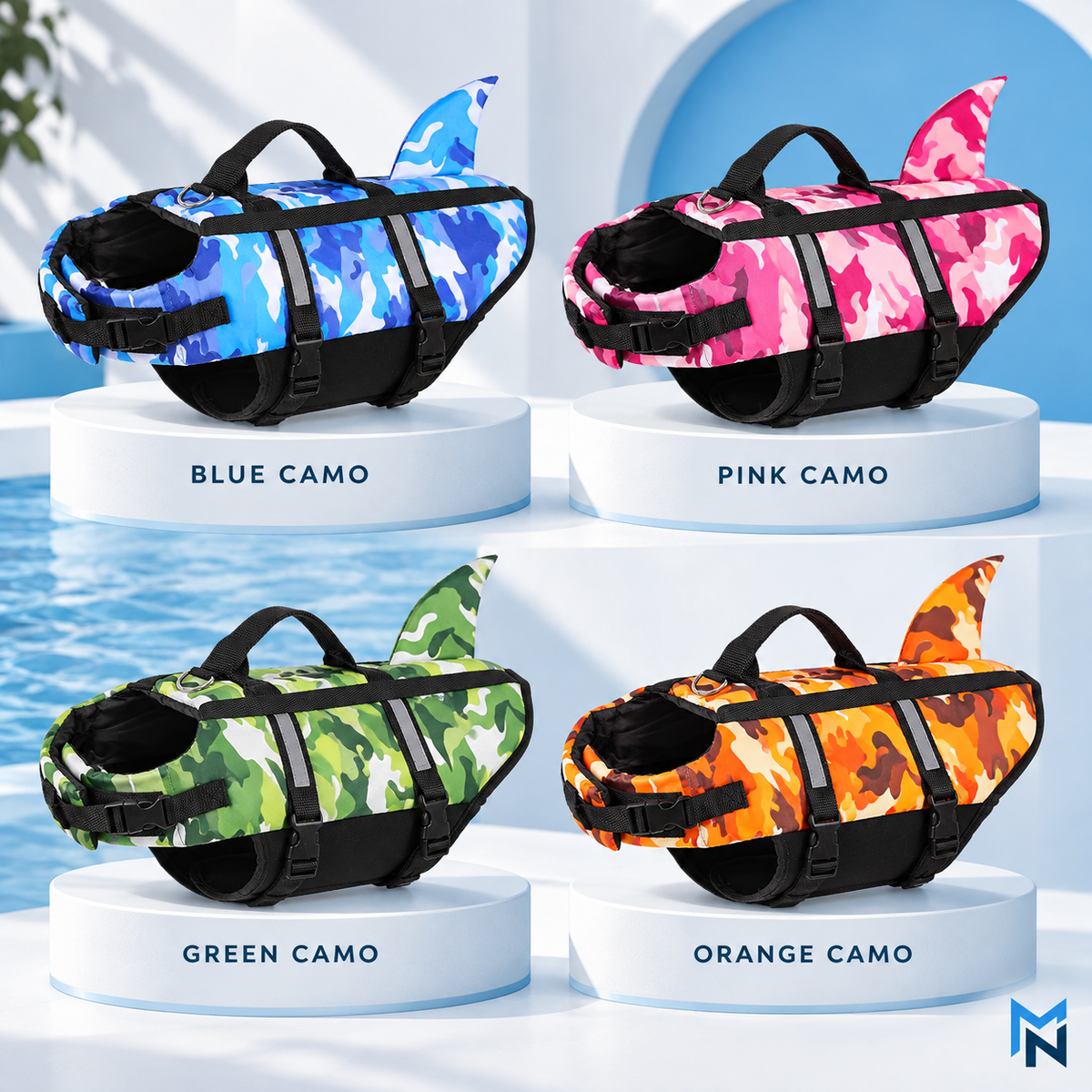Shark fin camouflage dog life jacket color and size variant overview