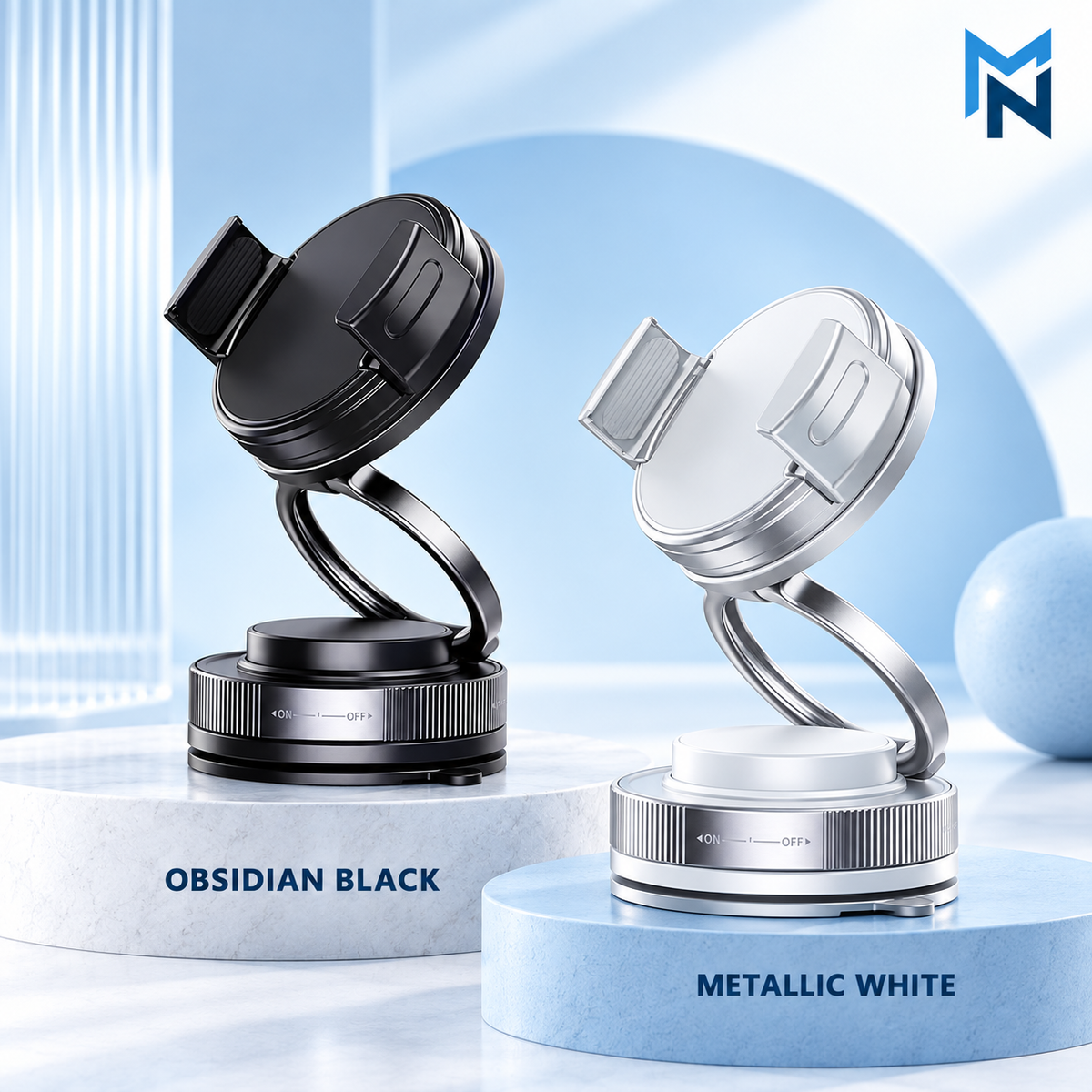 Magnetic phone mount in Obsidian Black and Metallic White