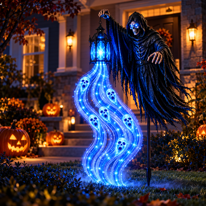 Lighted ghost reaper in a Halloween yard