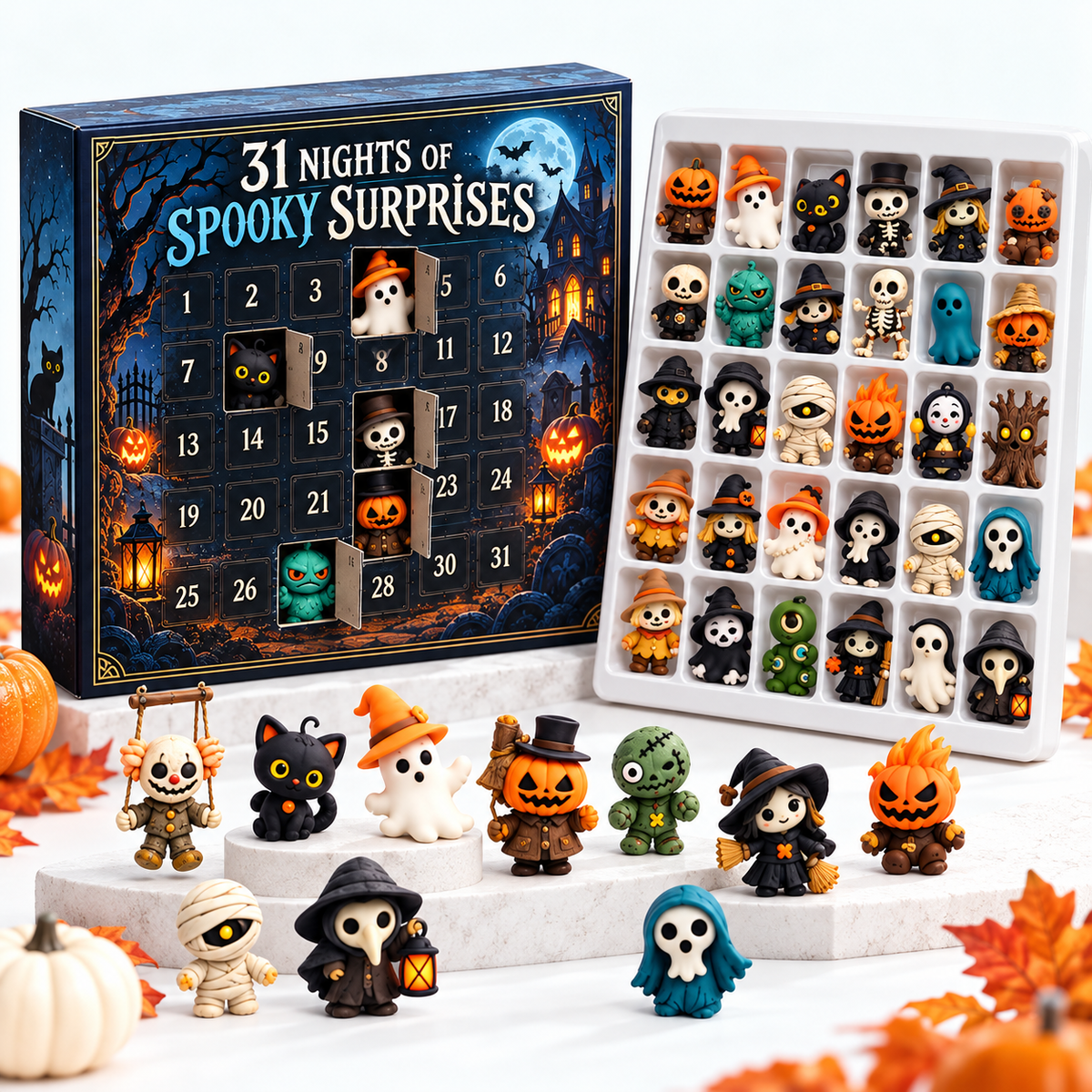 Halloween advent calendar open with figures