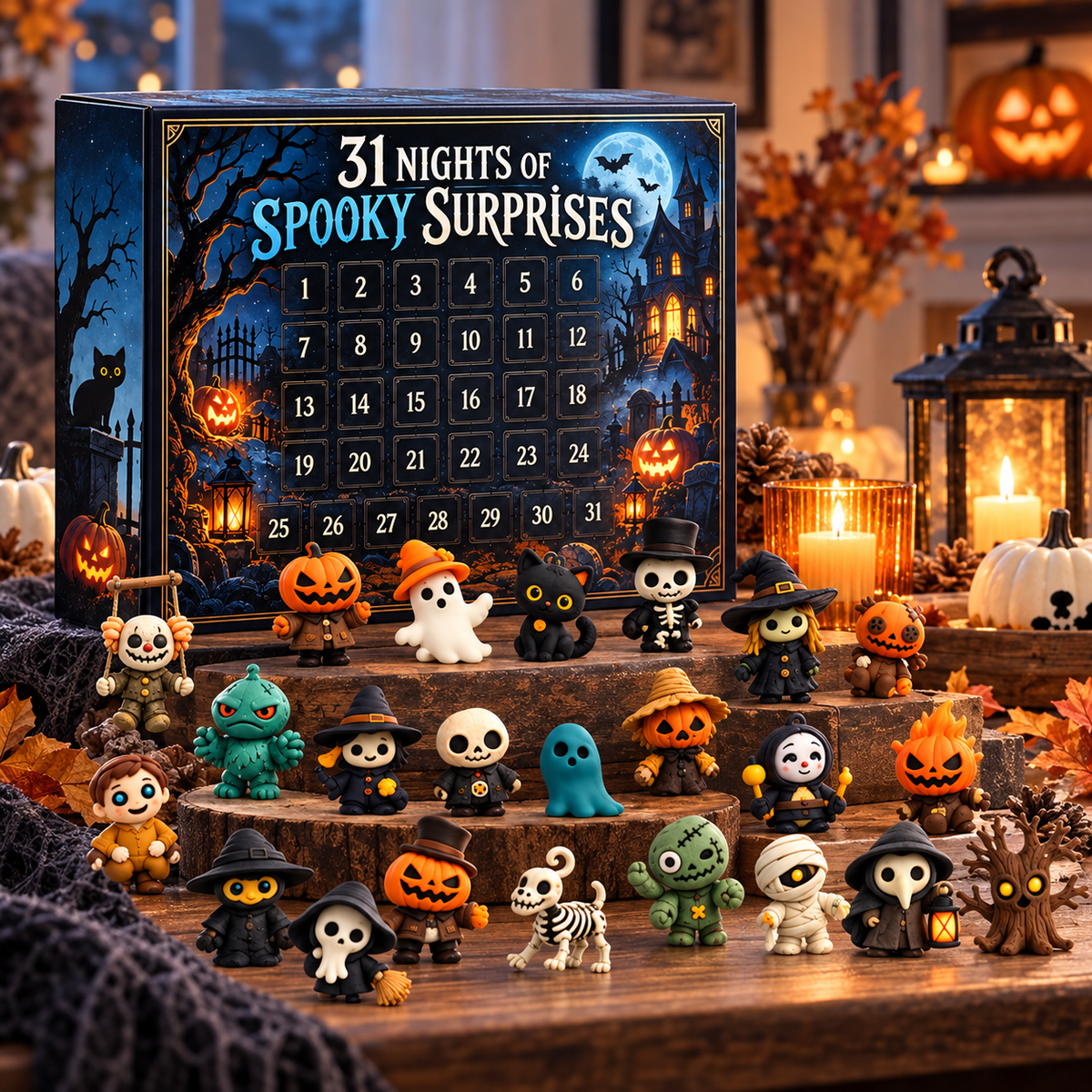 Horror countdown figures in a Halloween display