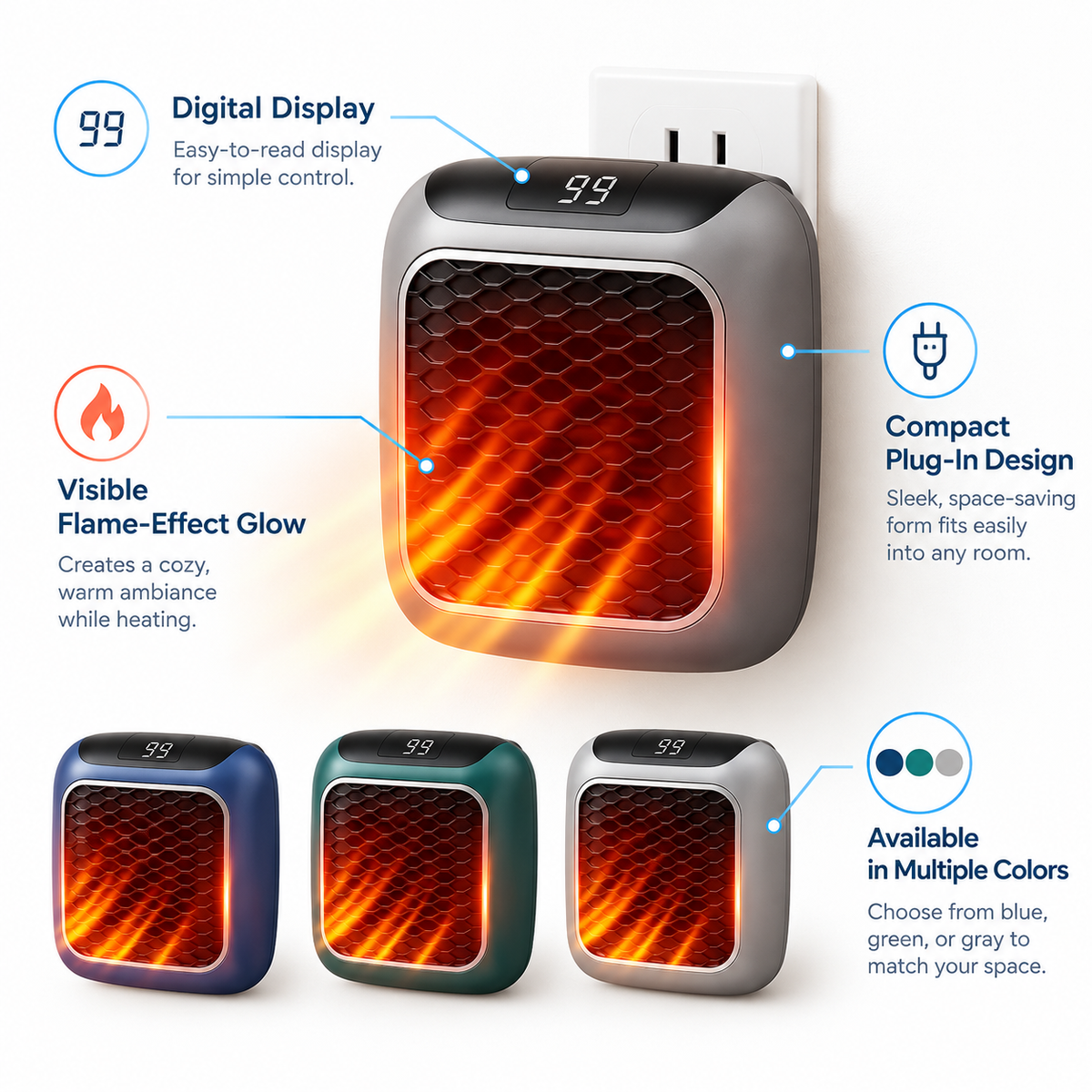 Flame-Effect Mini Space Heater with Remote — features overview