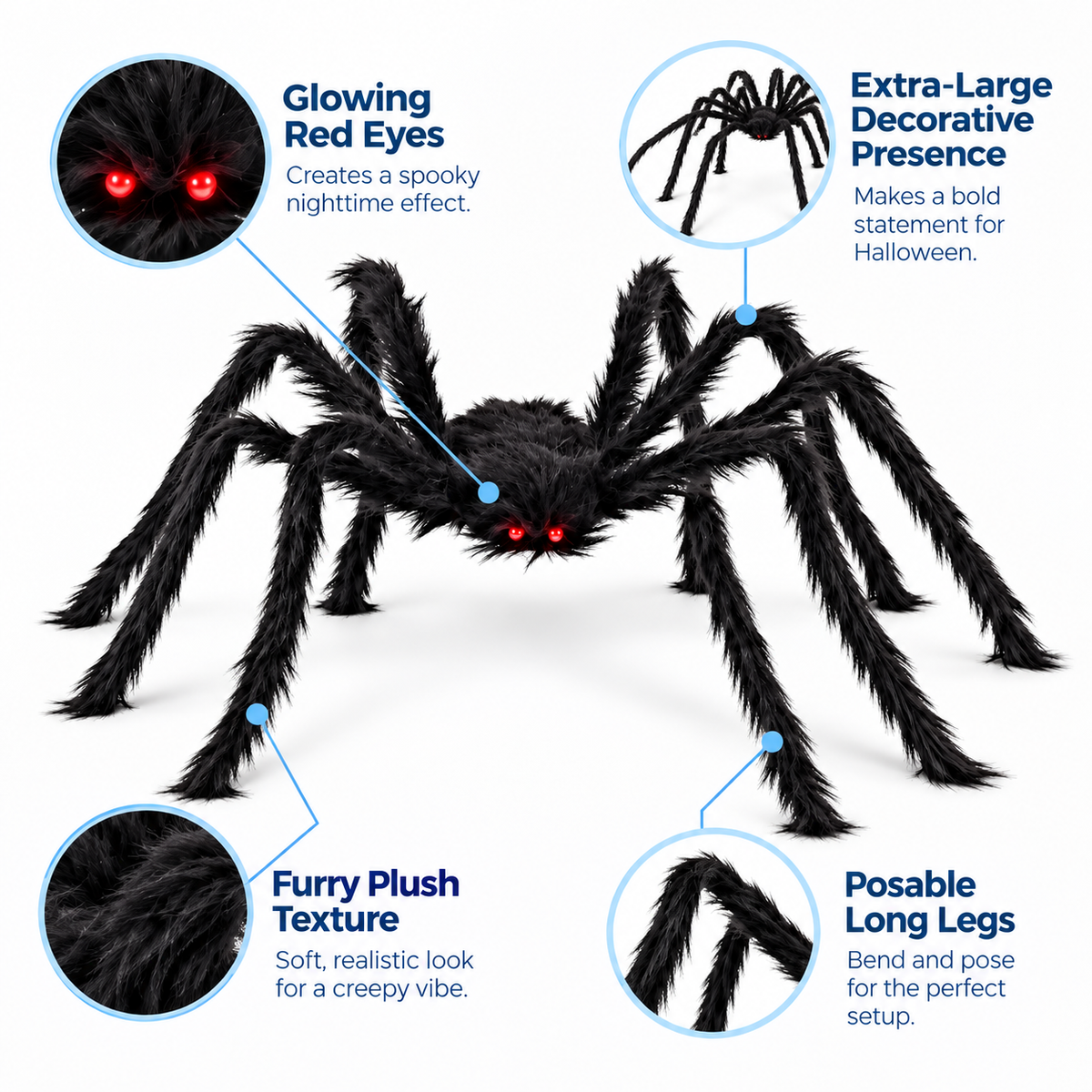 Giant Plush Halloween Spider with Posable Legs — features overview