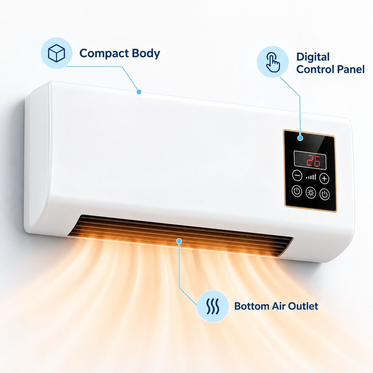 220V Wall-Mounted Heater & Fan with Remote — front product view