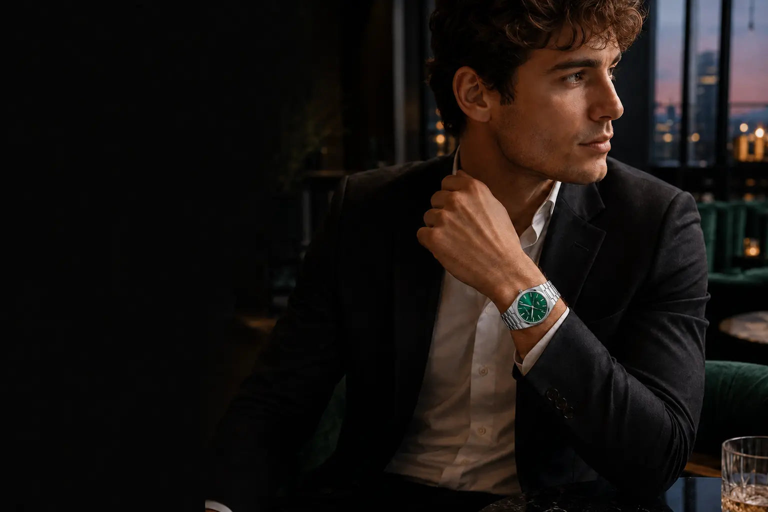 Emerald CHENXI Stainless Steel Watch worn with a tailored evening look