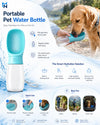 Portable pet water bottle with a dog drinking from it, set against a scenic background.