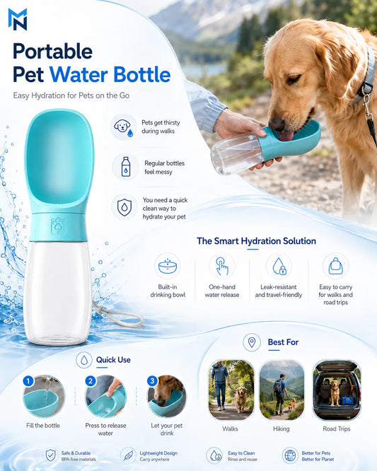 Portable pet water bottle with a dog drinking from it, set against a scenic background.
