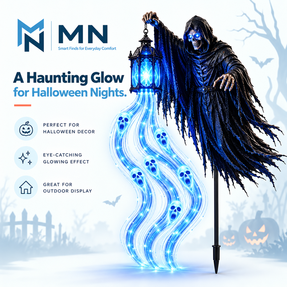 Lighted ghost reaper garden stake with blue glow